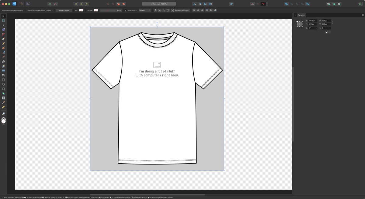 Vector illustration of a white t-shirt displaying the Reconcilable Differences shirt design with command key icon and Chicago bitmap text reading 'I'm doing a lot of stuff with computers right now'